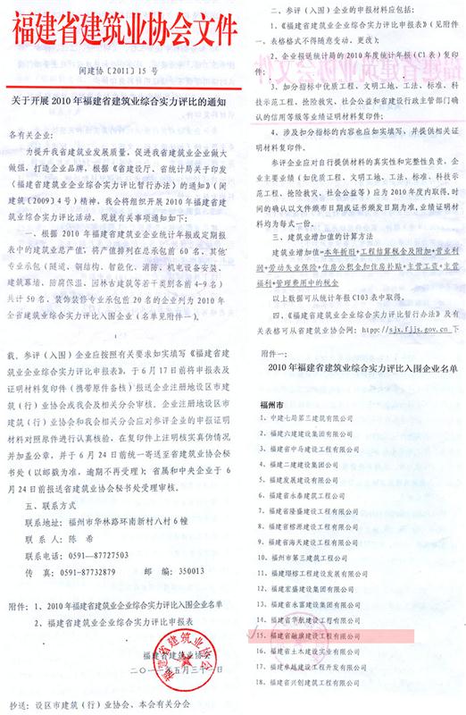 2011.5.31入围2010年福建省建筑业综合实力评比第15名