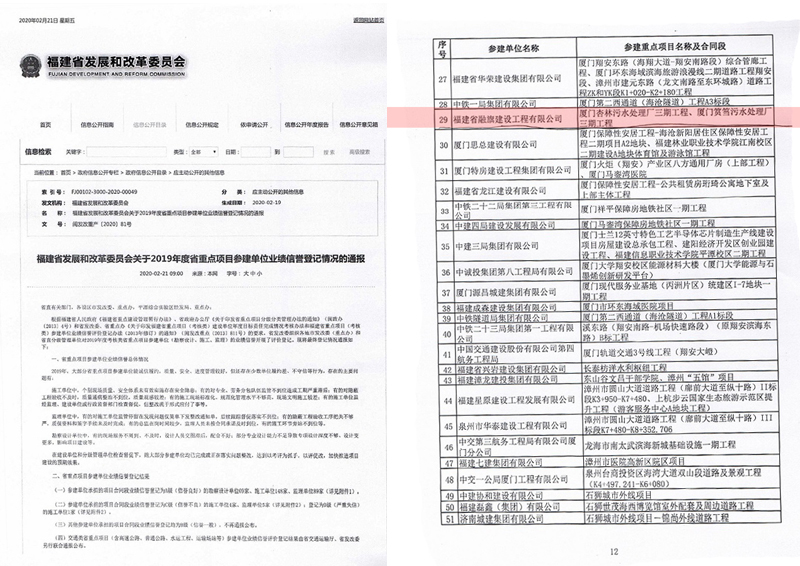 2020.2.21杏林污水厂、筼筜污水厂荣获“2019年度省重点项目参建单位业绩信誉A级”